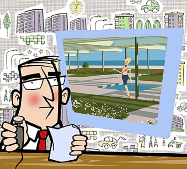 Cartoon man with glasses reviewing photo of woman jogging near beach by Thies Schwarz