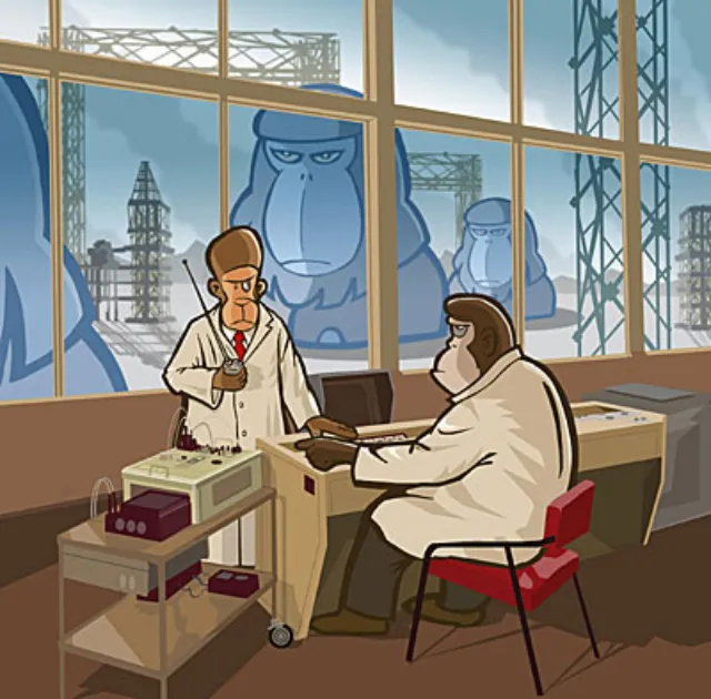 Two scientists in lab with gorilla silhouettes outside window by Thies Schwarz
