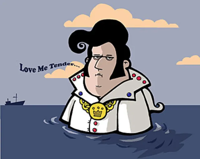 Cartoon of Elvis Presley in a white jumpsuit standing in the ocean by Thies Schwarz