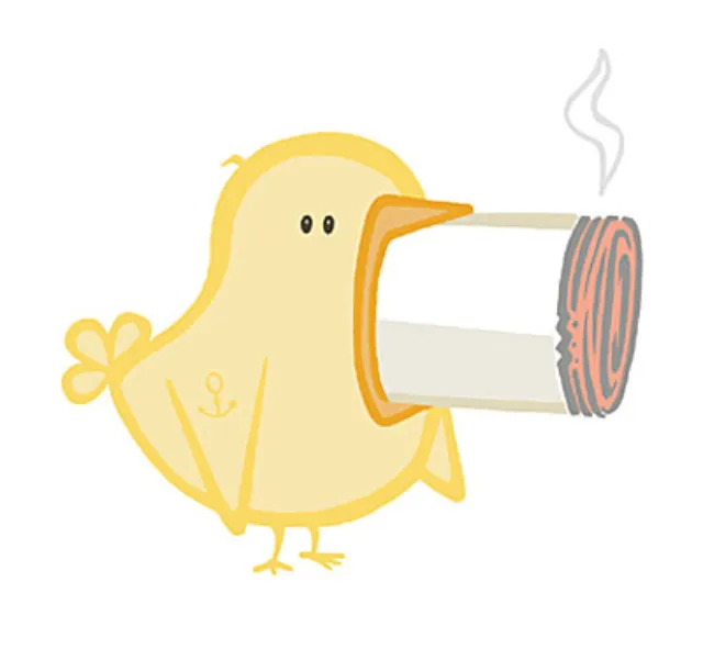 Yellow cartoon bird holding a lit cigarette by Thies Schwarz