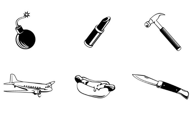 Black and white icons of bomb, lipstick, hammer, airplane, hotdog, and knife by Tobias Wandres