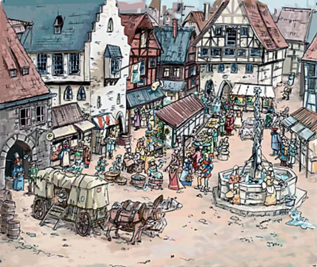 old city street, horse cart on the road, statue in the center