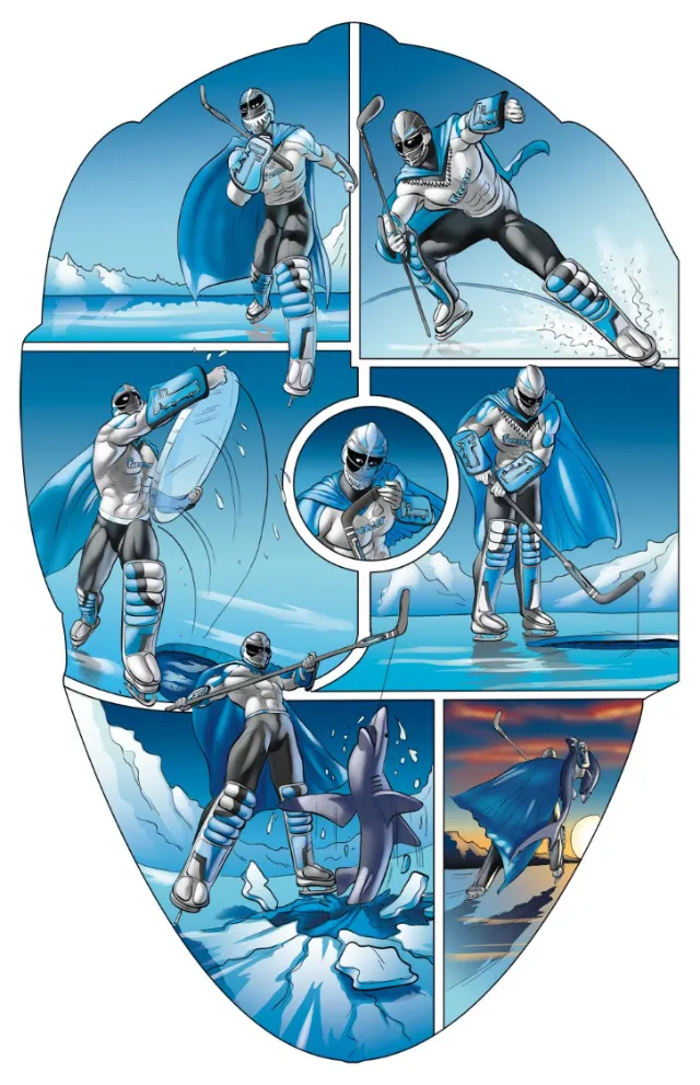 Ice hockey players in action on a painted goalie mask by Carsten Mell
