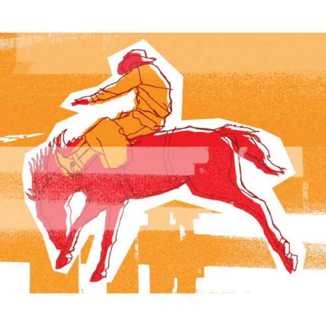 Stylized cowboy riding a bucking horse in warm colors by Andreas Schickert