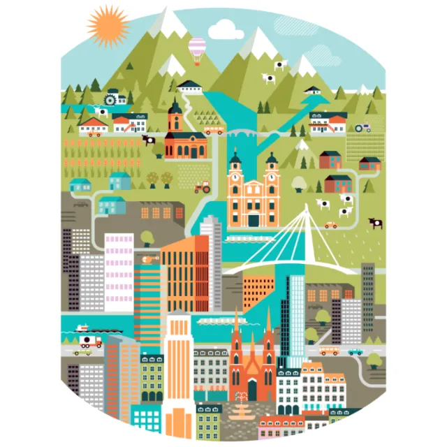 Colorful cityscape with buildings, bridge, mountains, and countryside by Tobias Wandres