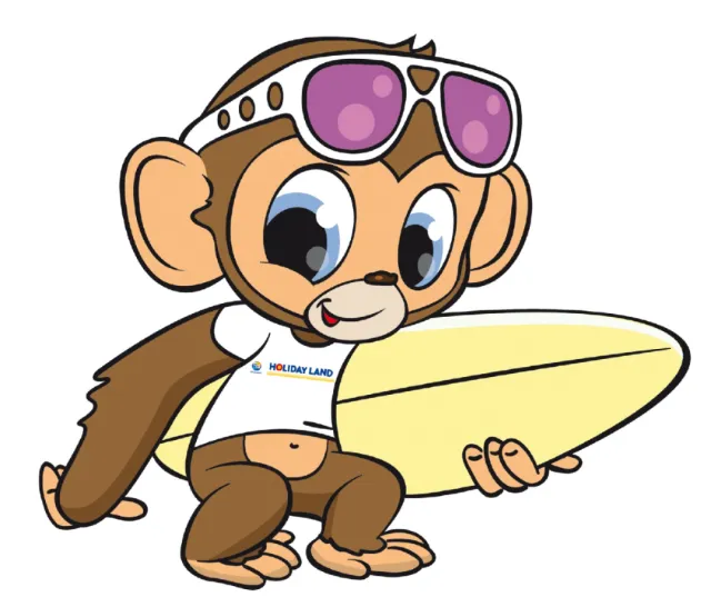 Cartoon monkey wearing sunglasses holding a yellow surfboard by Andreas Schickert