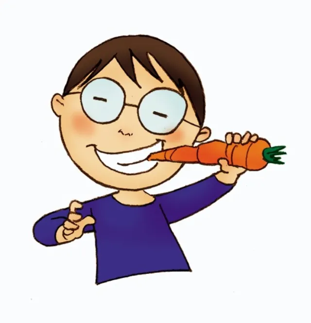Anton biting a carrot, character from Dem Gemüse auf der Spur by Silke Bachmann