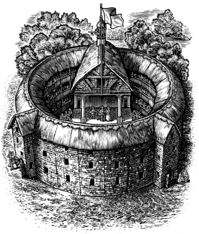 Black and white drawing of the Globe Theatre by Caroline Church