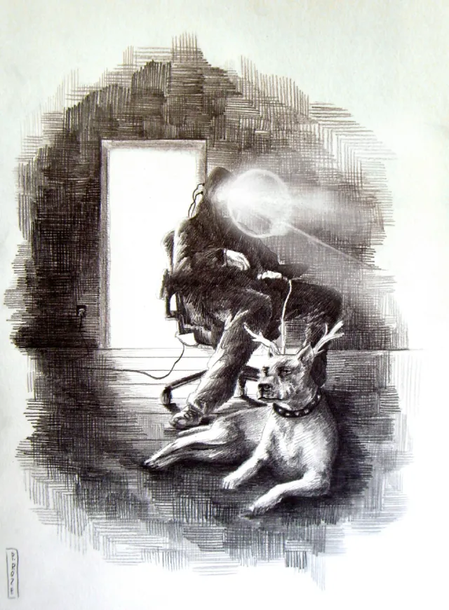 Monochrome illustration of figure with glowing headlamp and dog in dark room by Patrick Rosche
