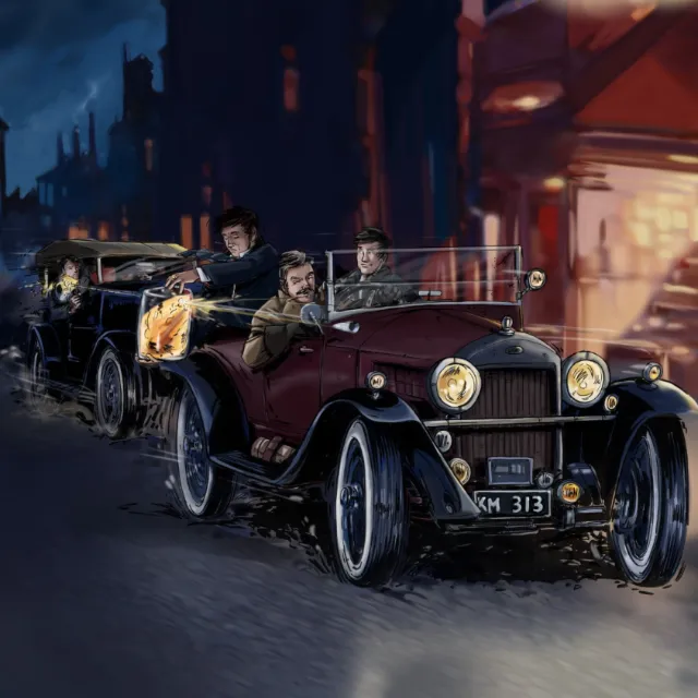 Old model cars moving on the road, man driving, building in the background,