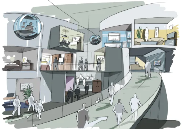 Futuristic public space with walkways and display pods by Björn von Schlippe