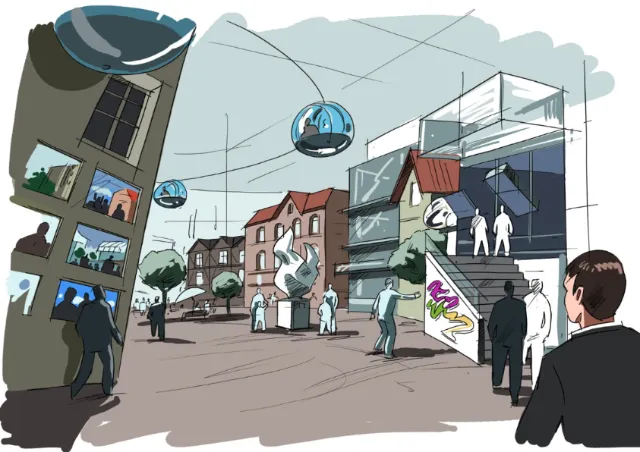 Modern urban public space with sculptures and digital screens by Björn von Schlippe
