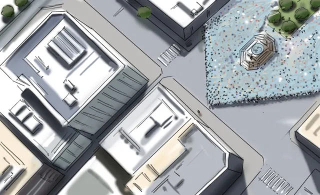 Aerial urban view with buildings and a fountain square by Björn von Schlippe