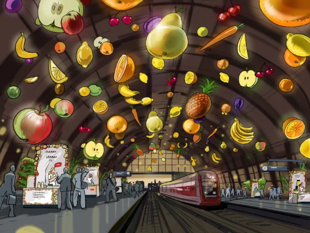 Train station interior with floating fruits and a red train by Björn von Schlippe