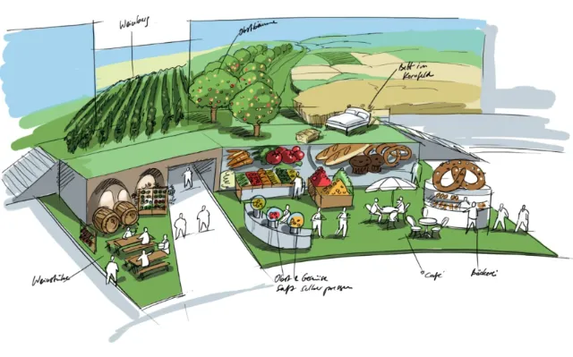 Outdoor market layout sketch with tents, animals, and fields by Björn von Schlippe
