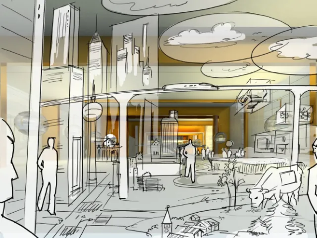 Urban concept sketch with buildings and people by Björn von Schlippe