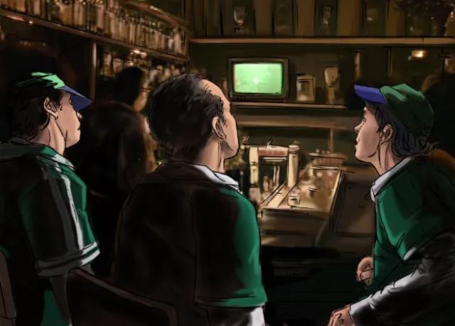 people standing and watching TV, green dress man standing in the room