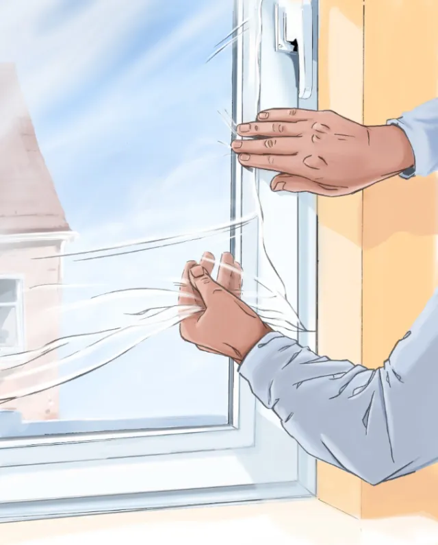 Sealing a window with cover, yellow wall, hands on the glass, building in backgroud