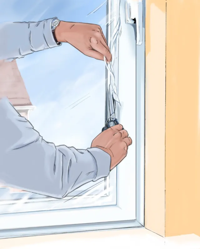 Sealing a window with cover, yellow wall, hands on the glass