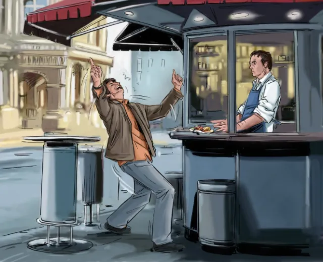 Man dancing on the road, shop keeper watching the boy