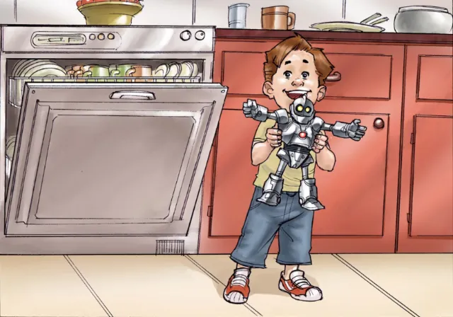 Storyboard kid playing with robot
