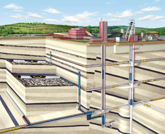 Cross section of underground mine with tunnels and mining structures by Eberhard Reimann