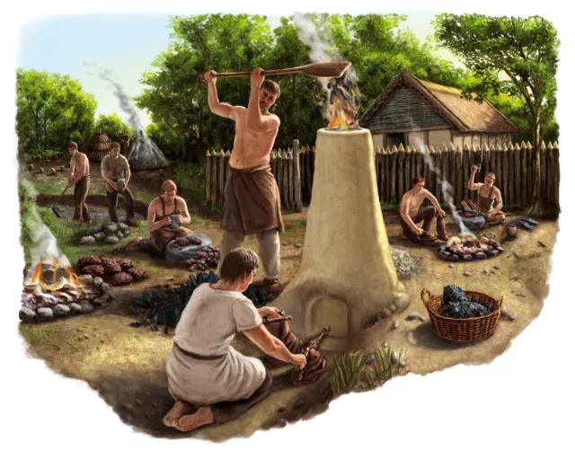 Ancient iron smelting scene with workers and furnace by Eberhard Reimann