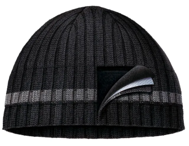 Black ribbed knit beanie with gray stripe and flap detail by Eberhard Reimann