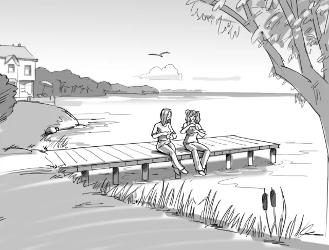Black and white drawing of two girls on dock by lake under tree by Björn von Schlippe