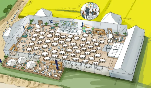Outdoor event tent with tables and chairs, illustration by Björn von Schlippe