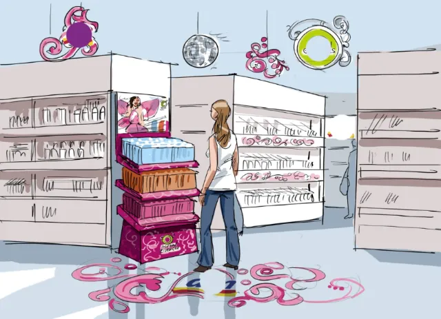 Artwork by Björn von Schlippe showing woman shopping in store aisle with decorative clocks