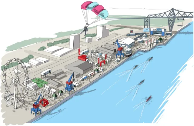 Industrial port with cranes, ferris wheel, parachute, and water by Björn von Schlippe