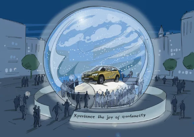 Golden car inside large snow globe art installation by Björn von Schlippe