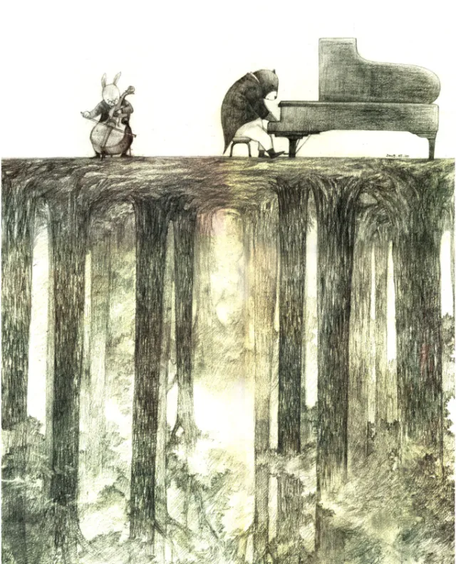 Hedgehog playing grand piano with mouse listening, illustrated by Mae Besom