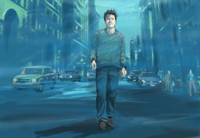 Man walking alone in the night, Boy with jeans and tshirt going on the road, cars moving