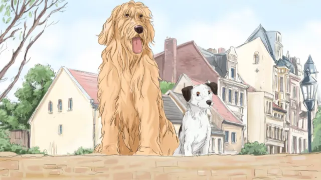 illustration of golden retriever and a small dog