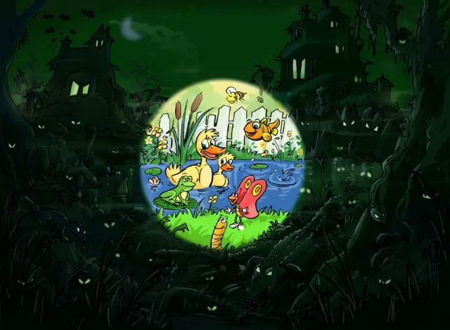jungle in the dark, ducks in the pond, bright circle highlighting the birds in the image