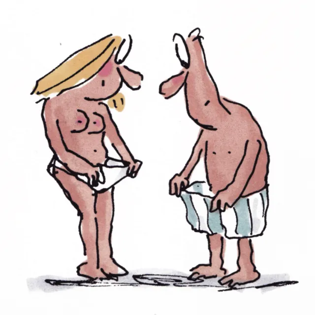 Couple looking undergarment - Cartoon illustration by Gray Jolliffe