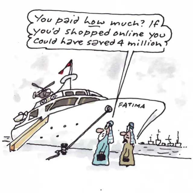 Comic Illustration of Arabs Looking at Yacht Boat