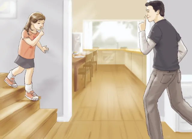 Girl descending stairs cautiously with father observing nearby illustration by Andreas Schickert