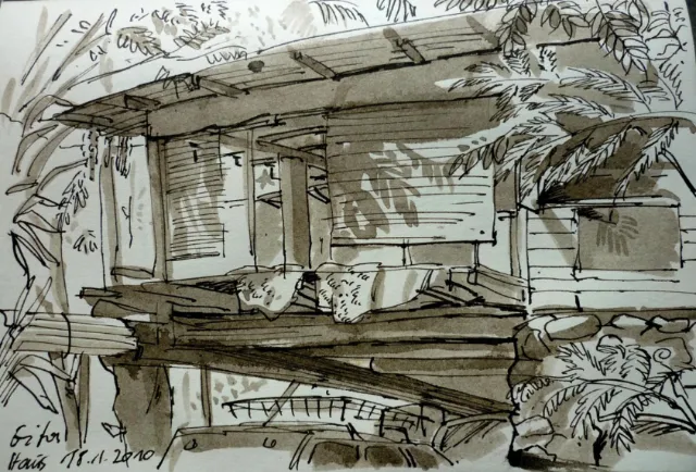 Ink sketch of outdoor bench with plants and window by Björn von Schlippe