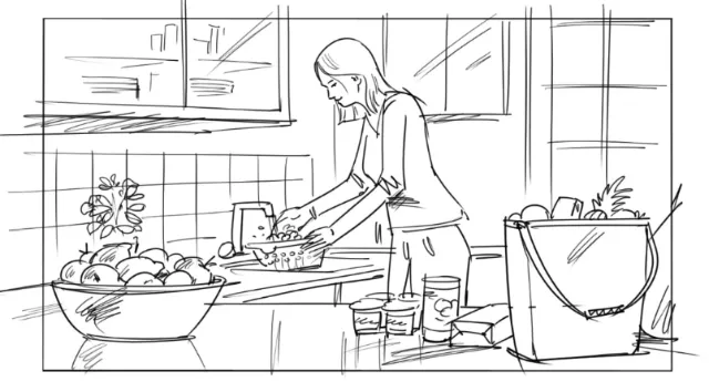 Sketch of a woman cooking in a kitchen by Björn von Schlippe