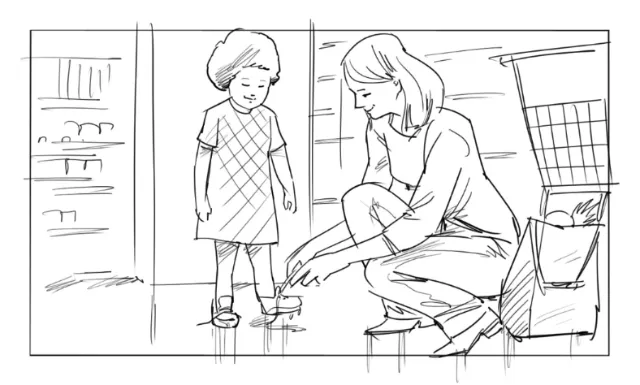 Woman kneeling to help young girl try on shoes in store by Björn von Schlippe