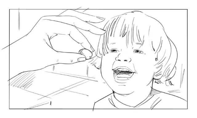 Child smiling receiving medicine from a hand black and white illustration by Björn von Schlippe