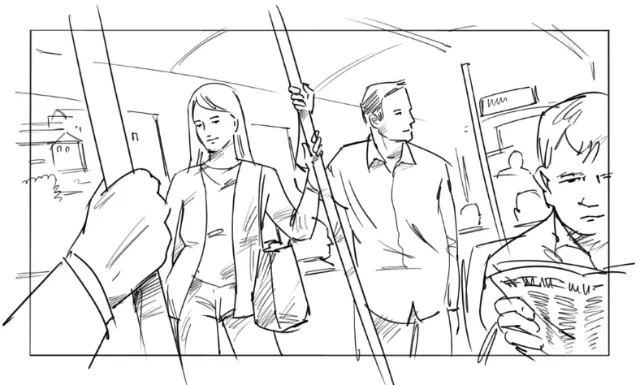Black and white sketch of commuters inside a bus by Björn von Schlippe