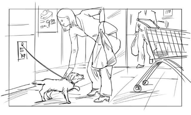 Person bending down feeding a dog on leash in store interior by Björn von Schlippe