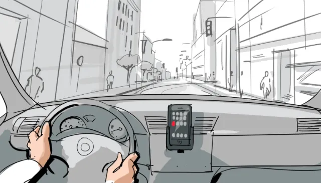 Driver's perspective sketch of city street with pedestrians, by Björn von Schlippe