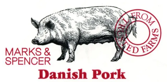 Black and white pig drawing with Marks & Spencer text by Caroline Church
