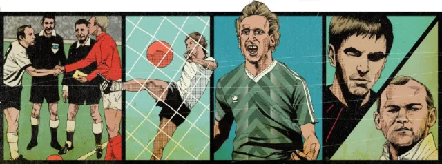 Soccer players and referee in action near goal post illustration by POW!!!