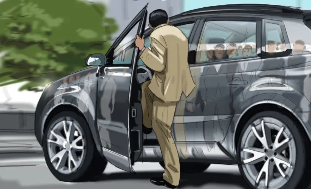 Man in suit entering a luxury SUV by Björn von Schlippe